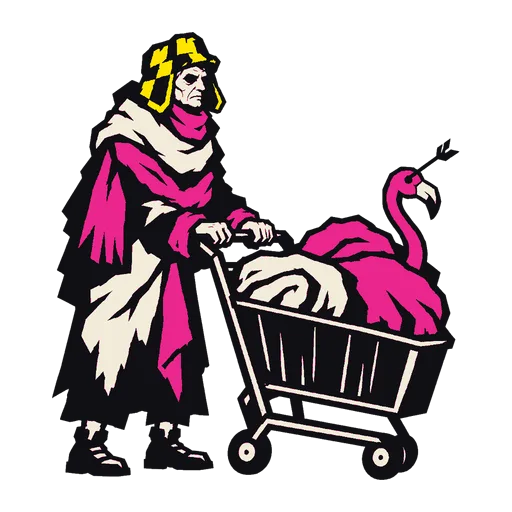 Agatha w czapce traperskiej z uszami i licznych szalach, oparta o wózek z supermarketu z kocami i różowym flamingiem ze strzałą w głowie.