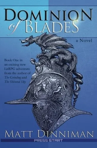 Okładka powieści Dominion of Blades: ozdobny stalowy hełm zwieńczony smokiem na niebieskim tle