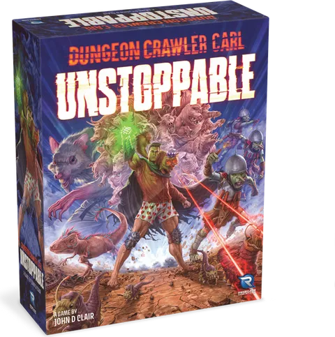 Pudełko gry karcianej Dungeon Crawler Carl: Unstoppable: czerwony napis serii i duży biały napis UNSTOPPABLE, mężczyzna w bokserkach w serduszka unosi świecącą na zielono pięść wśród potworów