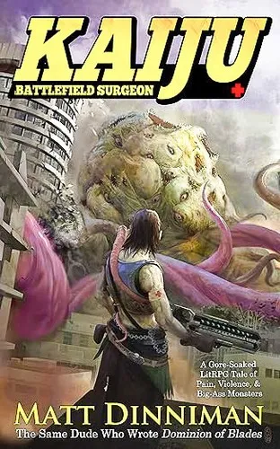 Okładka powieści Kaiju: Battlefield Surgeon: żołnierz z karabinem stoi tyłem do olbrzymiego zielonego potwora z mackami między wieżowcami