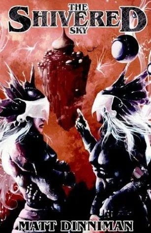 Okładka powieści The Shivered Sky: ciemne skrzydlate postacie pod rdzawoczerwonym niebem z unoszącą się skałą